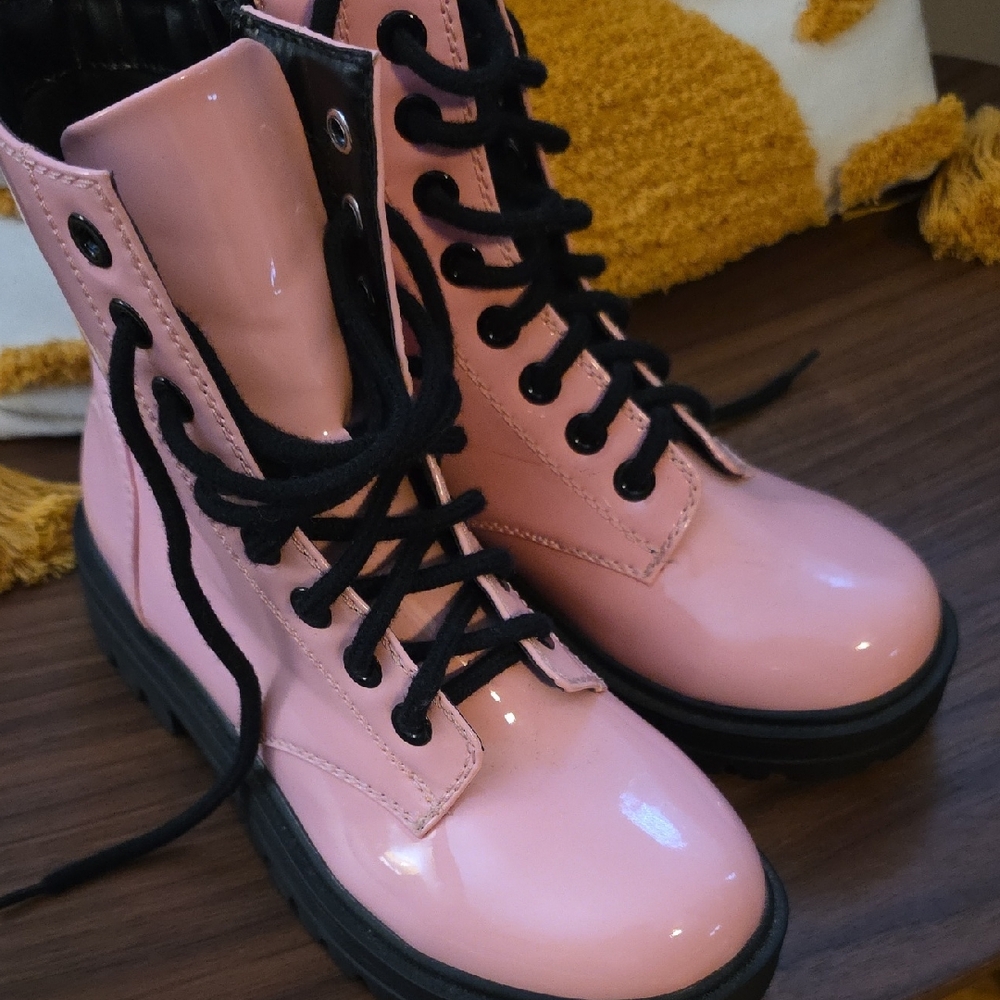 Soda Glossy Pink Combat Boots with Black Laces
